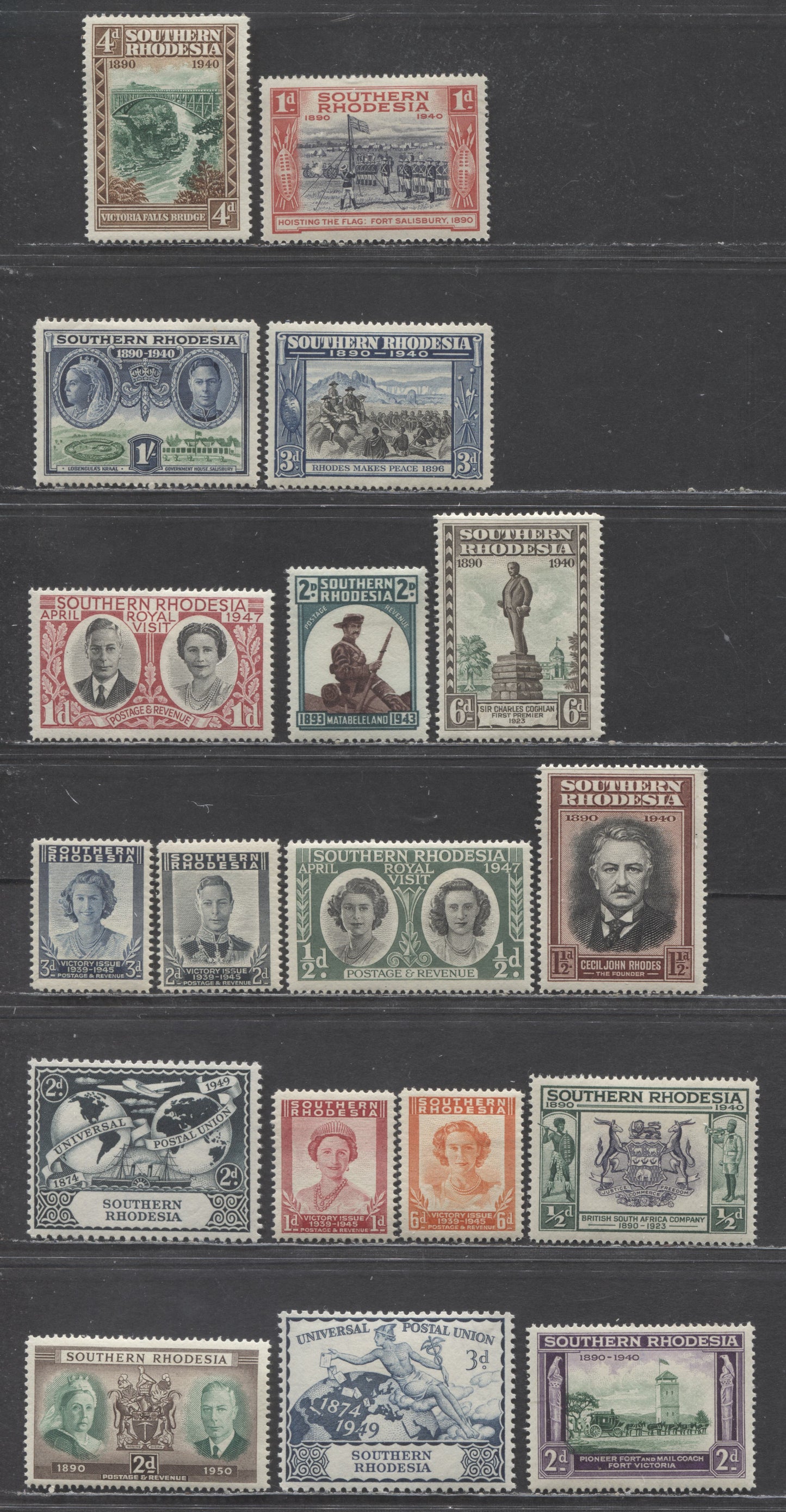 Lot 148 Southern Rhodesia SC#56-73 1940 50th Anniversary Of Founding - 60th Anniversary Of Founding, 18 F/VFOG Singles, Click on Listing to See ALL Pictures, Estimated Value $10