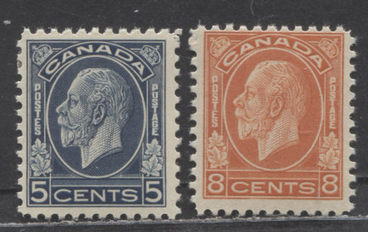 Canada #199-200 5c & 8c Dark Blue & Red Orange King George V, 1932 Medallion Issue, 2 FOG Singles With Deep Yellowish Cream Gum