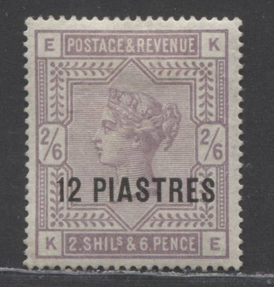 Lot 128 British Levant SC#3a 12pi on 2/6d Lilac 1885 Surcharge Surface Printed Issue, On Bluish Paper, A VFOG Single, Click on Listing to See ALL Pictures, 2022 Scott Classic Cat. $525