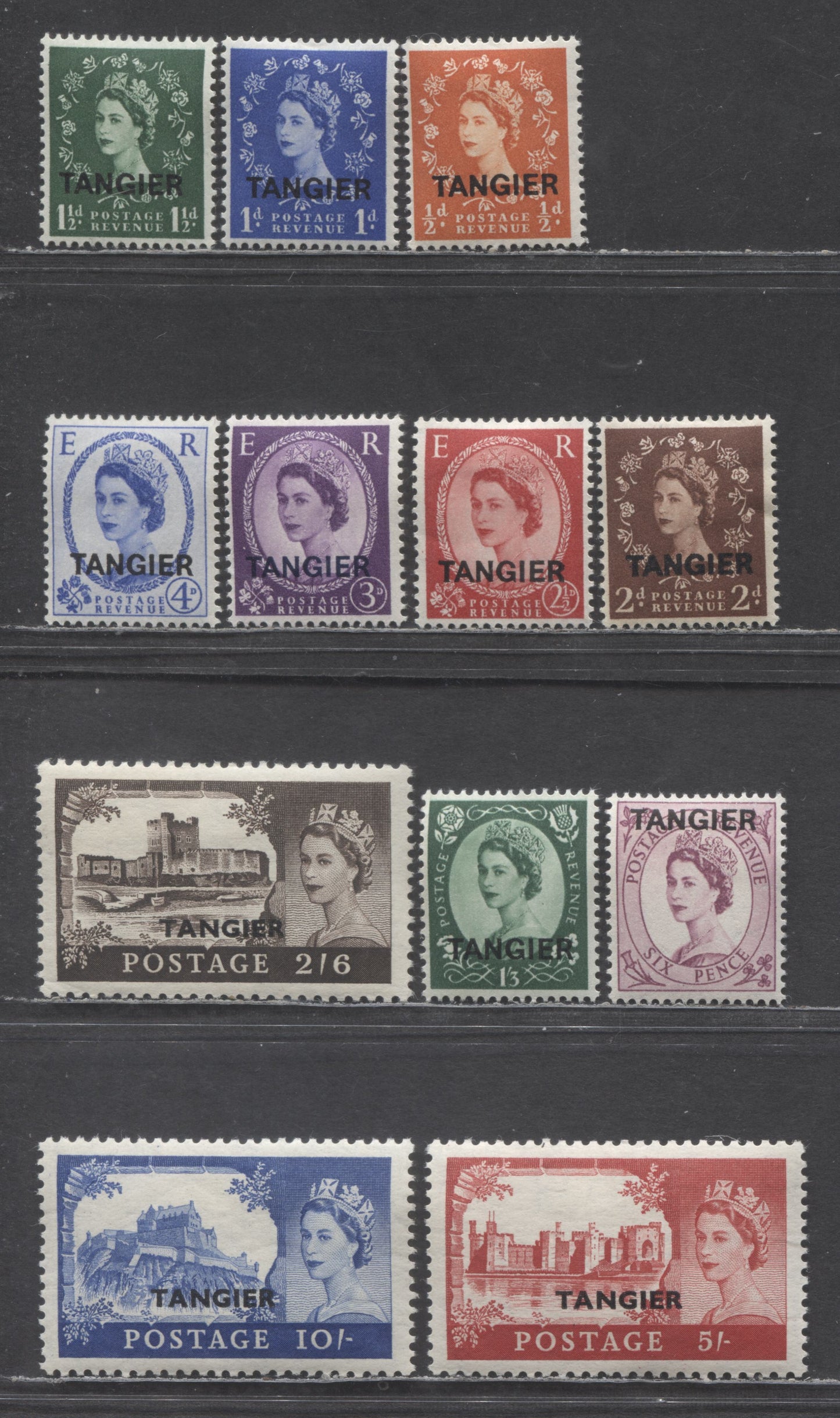 Lot 503 Tangier SC#576/591 1955-1956 Wilding & Castles Issues, St. Edwards Crown Wmk, 12 VFOG Singles, Click on Listing to See ALL Pictures, Estimated Value $17 USD