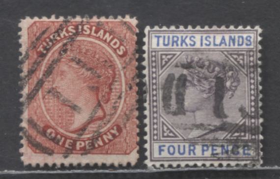 Lot 64 Turks Islands SC#45/53 1892-1893 Queen Victoria Issue, Crown CA Wmk, 2 Fine/Very Fine Used Singles, Click on Listing to See ALL Pictures, Estimated Value $30