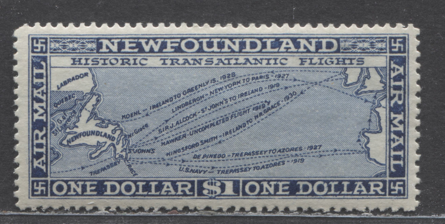 Lot 7 Newfoundland #C8 $1 Blue Historic Transatlantic Flight, 1931 Pictorial Airmail Issue, A VFOG Single Perf 14.25 x 13.9