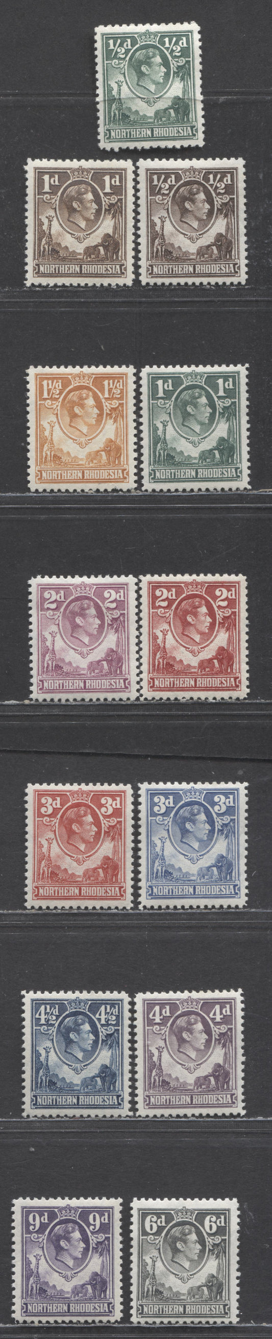 Lot 84 Northern Rhodesia SC#25/39 1938-1952 King George VI & Zambezi River Definitives, 13 VFOG Singles, Click on Listing to See ALL Pictures, 2017 Scott Cat. $8.95