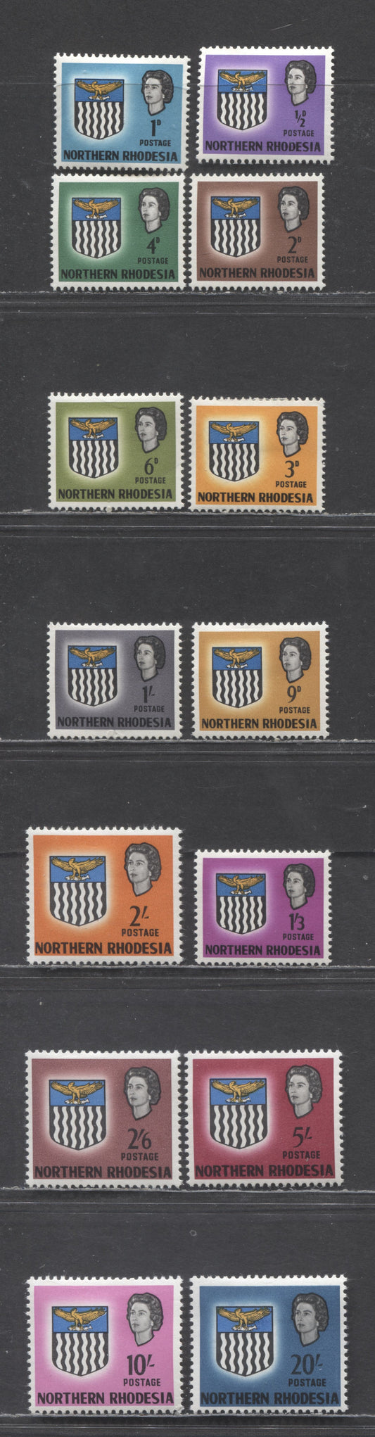 Lot 90 Northern Rhodesia SC#75-88 1963 Arms Issue, 14 VFOG Singles, Click on Listing to See ALL Pictures, Estimated Value $31