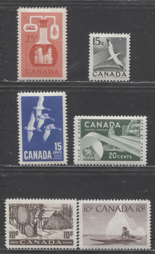 Canada #301, 343, 351, 362-363, 415 10c/15c Black Brown/Ultramarine Drying Skins/Canada Goose, 1950/1964 Fur Resources - Definitives, 6 VFNH Singles On Horizontal Ribbed & Vertical Ribbed Papers
