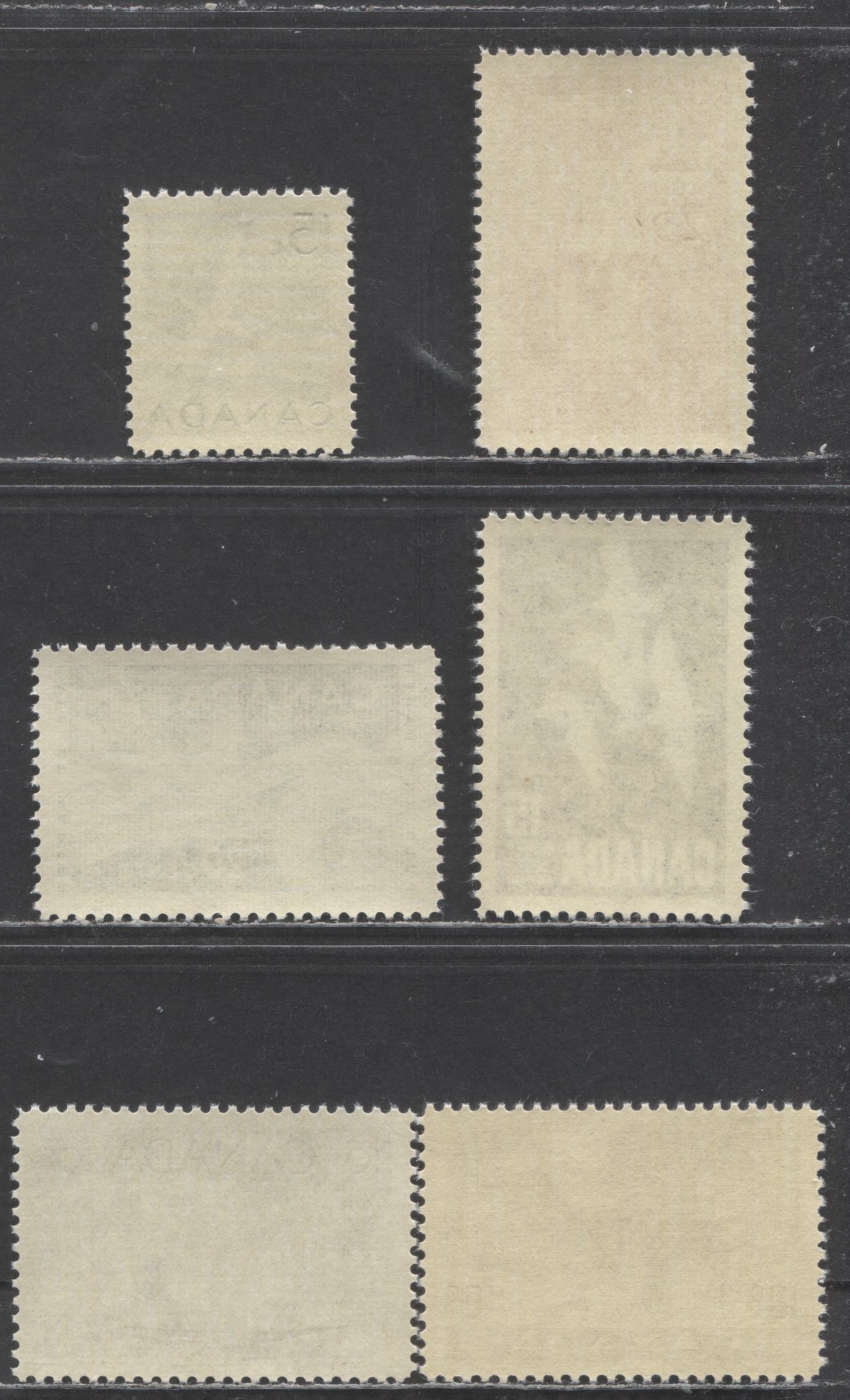 Canada #301, 343, 351, 362-363, 415 10c/15c Black Brown/Ultramarine Drying Skins/Canada Goose, 1950/1964 Fur Resources - Definitives, 6 VFNH Singles On Horizontal Ribbed & Vertical Ribbed Papers
