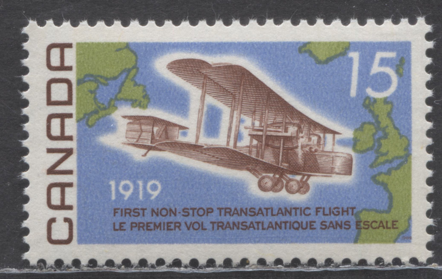 Canada #494i 15c Red Brown, Yellow Green & Light Ultramarine Vickers Vimy Over Atlantic, 1969 Alcock-Brown Flight, A VFNH Single On Fluorescent Paper