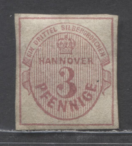 Lot 477 German States - Hanover SC#16a(MI#13b) 3pf Carmine Rose 1859-1863 Crown & Numeral Issue, Unwatermarked, A F/VF Single, Click on Listing to See ALL Pictures, Estimated Value $25 USD