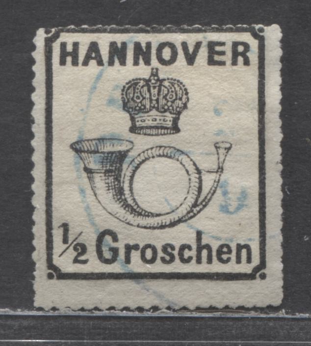 Lot 478 German States - Hanover SC#26(MI#22x) 1/2g Black 1864 Crown And Posthorn Issue, Perce En Arc 16, A Very Good Used Single, Click on Listing to See ALL Pictures, Estimated Value $65 USD