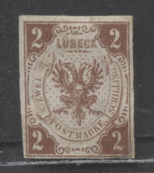 Lot 481 German States - Lubeck SC#2R 2s Brown 1872 Reprint Of 1859 Arms Issue, Without Watermark, A VGUN Single, Click on Listing to See ALL Pictures, 2022 Scott Classic Cat. $240 USD