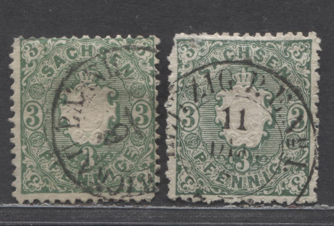 Lot 501 German States - Saxony SC#15,15a(MI#14a,14c) 3pf Dark Green & Deep Emerald Green 1863 Embossed Arms Issue. 2 Good Used Singles, Click on Listing to See ALL Pictures, Estimated Value $15 USD