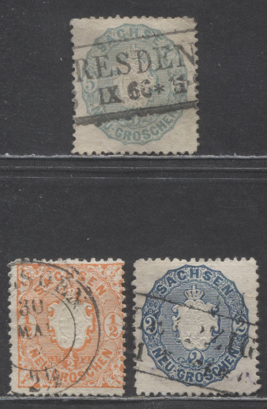 Lot 502 German States - Saxony SC#16a,18a,20b(MI#15a,17b,19a) 1863 Embossed Arms Issue. 3 VG-F Used Singles, Click on Listing to See ALL Pictures, Estimated Value $36 USD