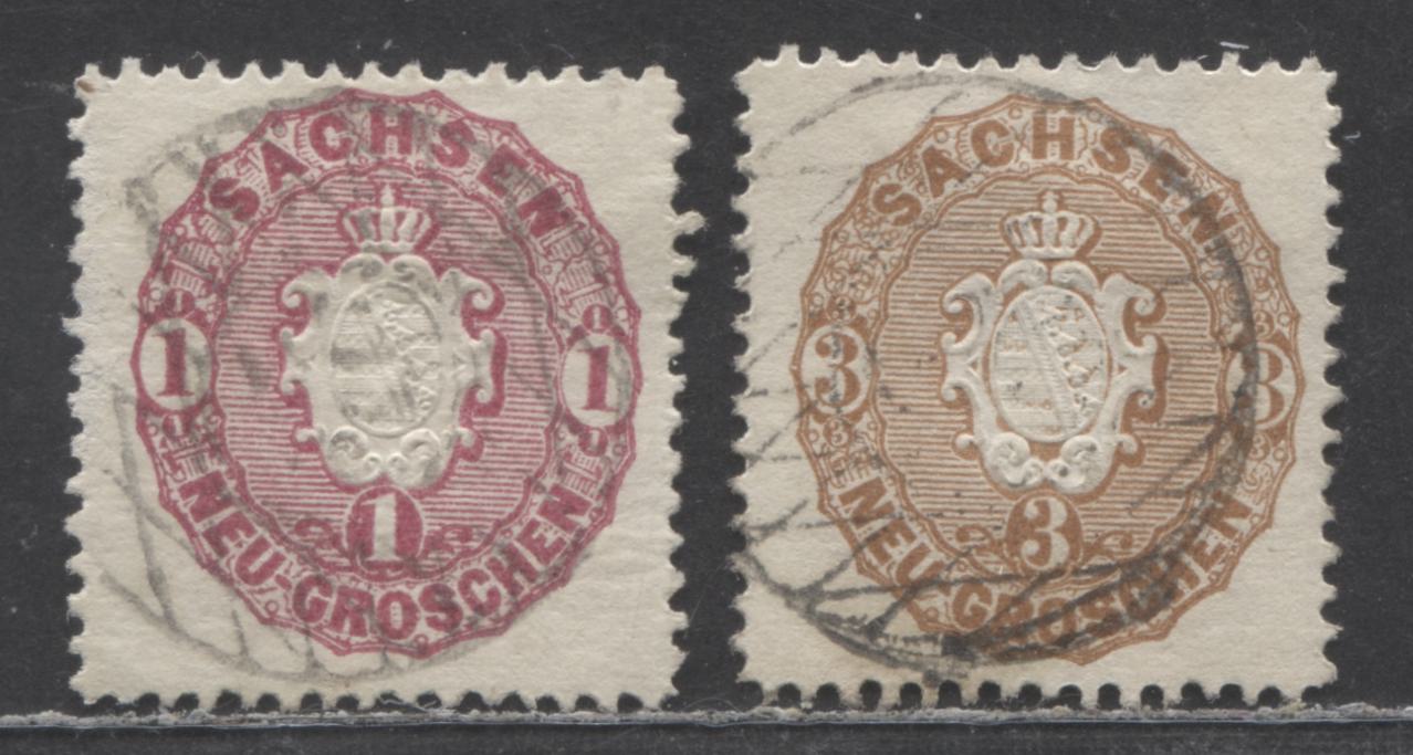 Lot 503 German States - Saxony SC#17,19a(MI#16b,18a) 1ng Magenta, 3ng Brown Orange 1863 Embossed Arms Issue. 2 F/VF Used SIngles, Click on Listing to See ALL Pictures, Estimated Value $20 USD