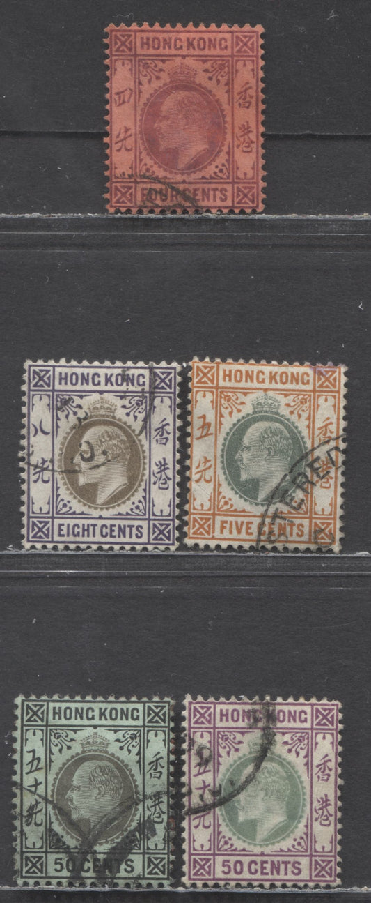 Lot 81 Hong Kong SC#89/102 1904-1911 King Edward VII Issue, On Chalky Paper, Crown CA Wmk, 5 Fine/Very Fine Used Singles, Click on Listing to See ALL Pictures, Estimated Value $30