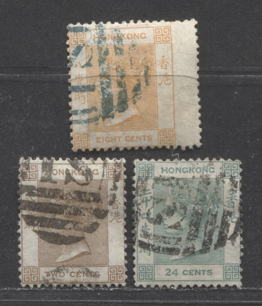 Lot 86 Hong Kong SC#LSH8/LSH18 1863-1880 Queen Victoria Issue, With S1 Shanghai Treaty Port Cancel, Crown CC Wmk, 3 Fine Used Singles, Click on Listing to See ALL Pictures, Estimated Value $25
