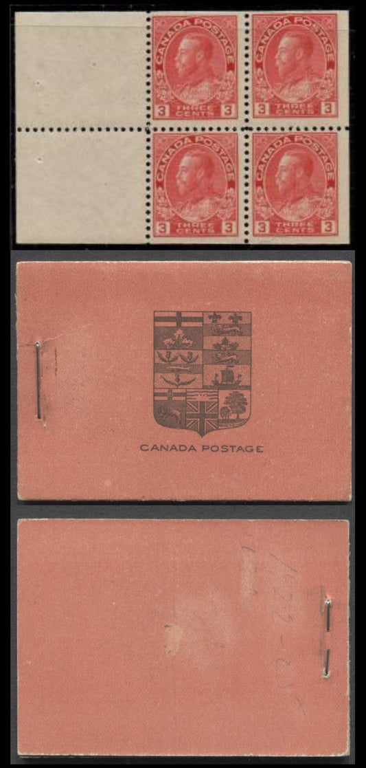 Lot 9 Canada #BK8b 3c Carmine, 1912-1930 King George V Admiral Issue, A FNH Booklet With 2 Panes Of 4+2 Labels
