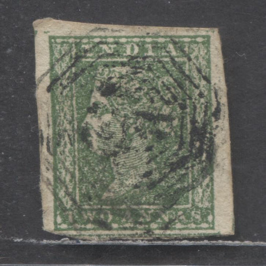 Lot 93 India SC#5 2a Yellowish Green 1854-1855 Lithographed Queen Victoria Issue, 3 Large Margins & Bottom Margin Clear To Close, A Fine Used Single, Click on Listing to See ALL Pictures, Estimated Value $25