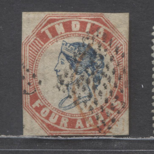 Lot 94 India SC#6F 4a Deep Red & Blue 1854-1855 Lithographed Queen Victoria Issue, Die 3, Frame Plate 2, Margins Clear At Top Too Just Touching On Other 3 Sides, A Very Good Used Single, Estimated Value $150