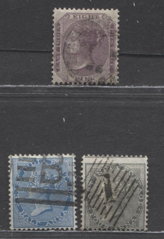 Lot 96 India SC#11/19 1855-1864 Surface Printed Queen Victoria Issue, Unusually Light Cancels, Unwatermarked, 3 Fine/Very Fine Used Singles, Click on Listing to See ALL Pictures, Estimated Value $25