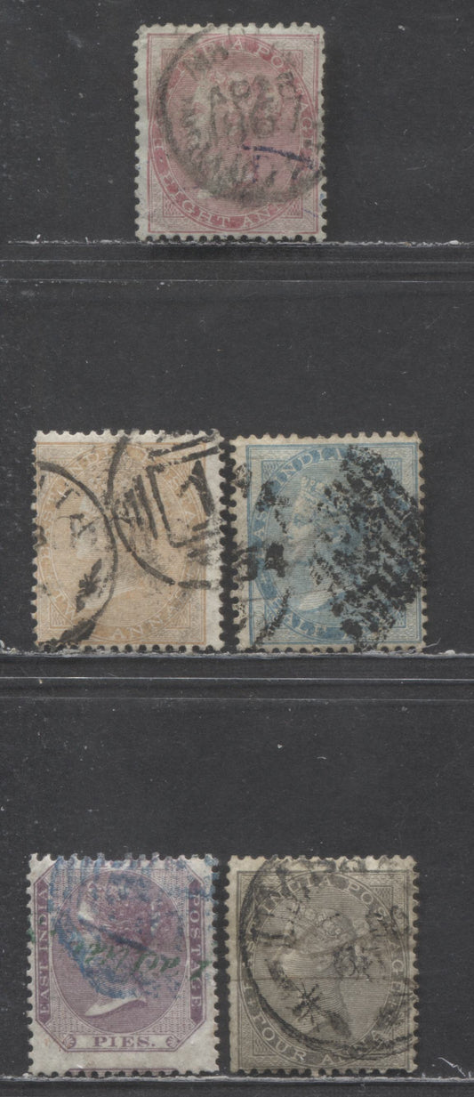 Lot 97 India SC#10/19 1855-1864 Surface Printed Queen Victoria Issue, Bluish & White Papers, Typical Centering & Cancels, Unwatermarked, 5 Very Good Used Singles, Click on Listing to See ALL Pictures, Estimated Value $18