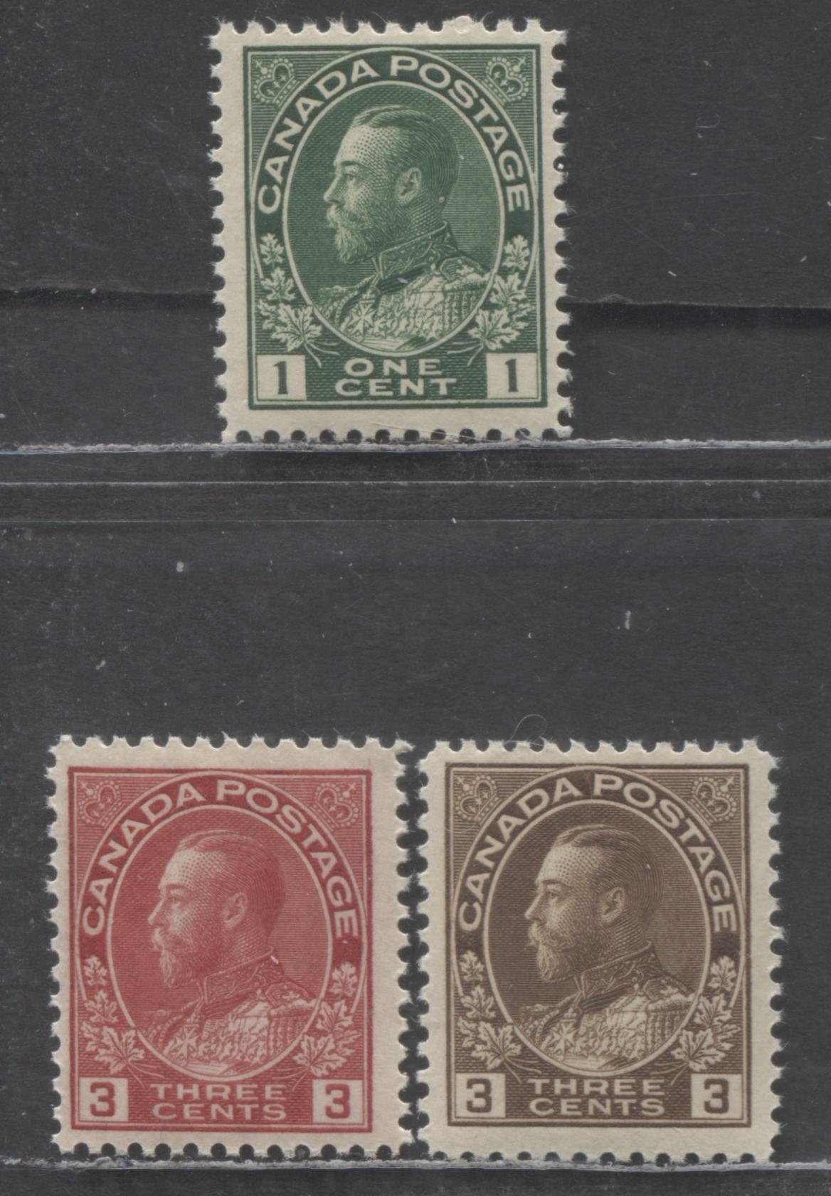 Canada #104, 108c, 109d 1c & 3c Dark Green, Brown & Carmine King George V, 1911-1925 Admiral Issue, 3 VFOG Singles, 3c Brown Dry Printing & 3c Carmine Die 1