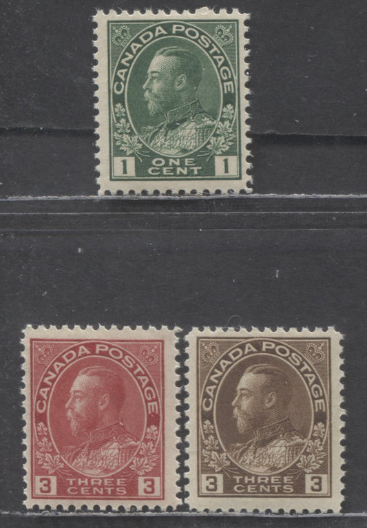 Lot 46 Canada #104, 108c, 109d 1c & 3c Dark Green, Brown & Carmine King George V, 1911-1925 Admiral Issue, 3 VFNH Singles, 3c Brown Dry Printing & 3c Carmine Die 1