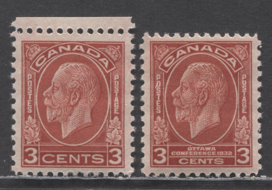 Canada #192, 197 3c Deep Red King George V, 1932 Imperial Economic Conference & Medallion Issues, 2 VFNH Singles, Die 1