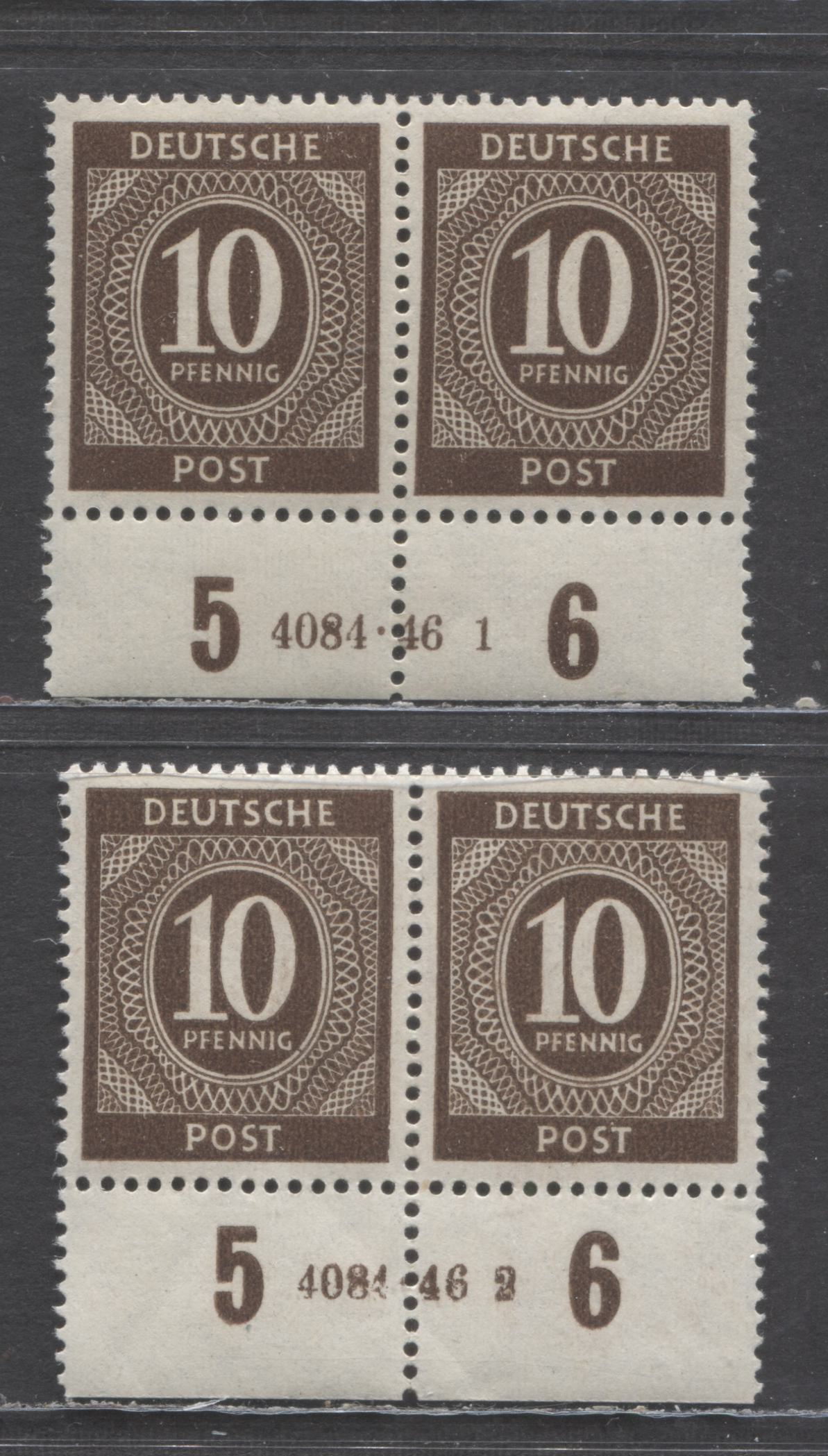 Lot 438 Germany Mi#918HAN (SC# 537) 10pf Chocolate 1946 Numerals Issue, Plates 4084.46-1 & 4084.46-2, 2 VFNH Plate Pairs, Click on Listing to See ALL Pictures, Estimated Value $60