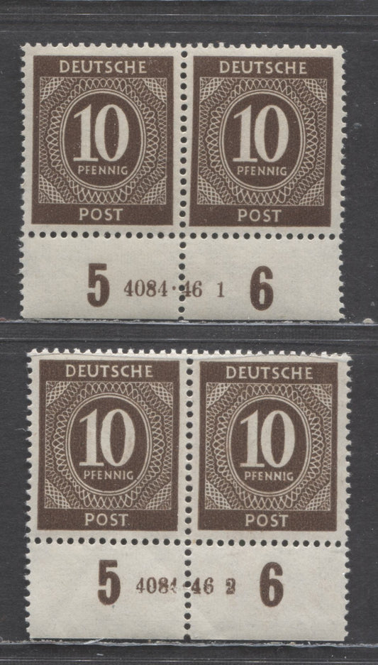 Lot 438 Germany Mi#918HAN (SC# 537) 10pf Chocolate 1946 Numerals Issue, Plates 4084.46-1 & 4084.46-2, 2 VFNH Plate Pairs, Click on Listing to See ALL Pictures, Estimated Value $60