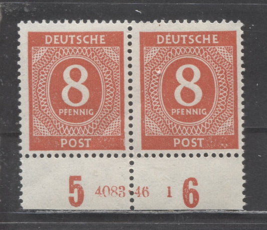 Lot 439 Germany Mi#917HAN (SC# 536) 8pf Deep VerMillion 1946 Numerals Issue, Plate 4083.46-1, A F/VFNH Plate Pair, Click on Listing to See ALL Pictures, Estimated Value $40