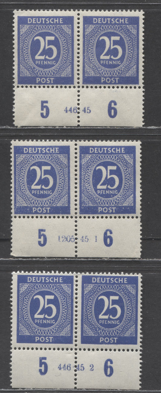 Lot 476 Germany Mi#926HAN (SC# 545) 25pf Ultramarine 1946 Numerals Issue, Plates 446.45, 446.45-2 & 1205.46-1, 3 FNH Plate Pairs, Click on Listing to See ALL Pictures, Estimated Value $30