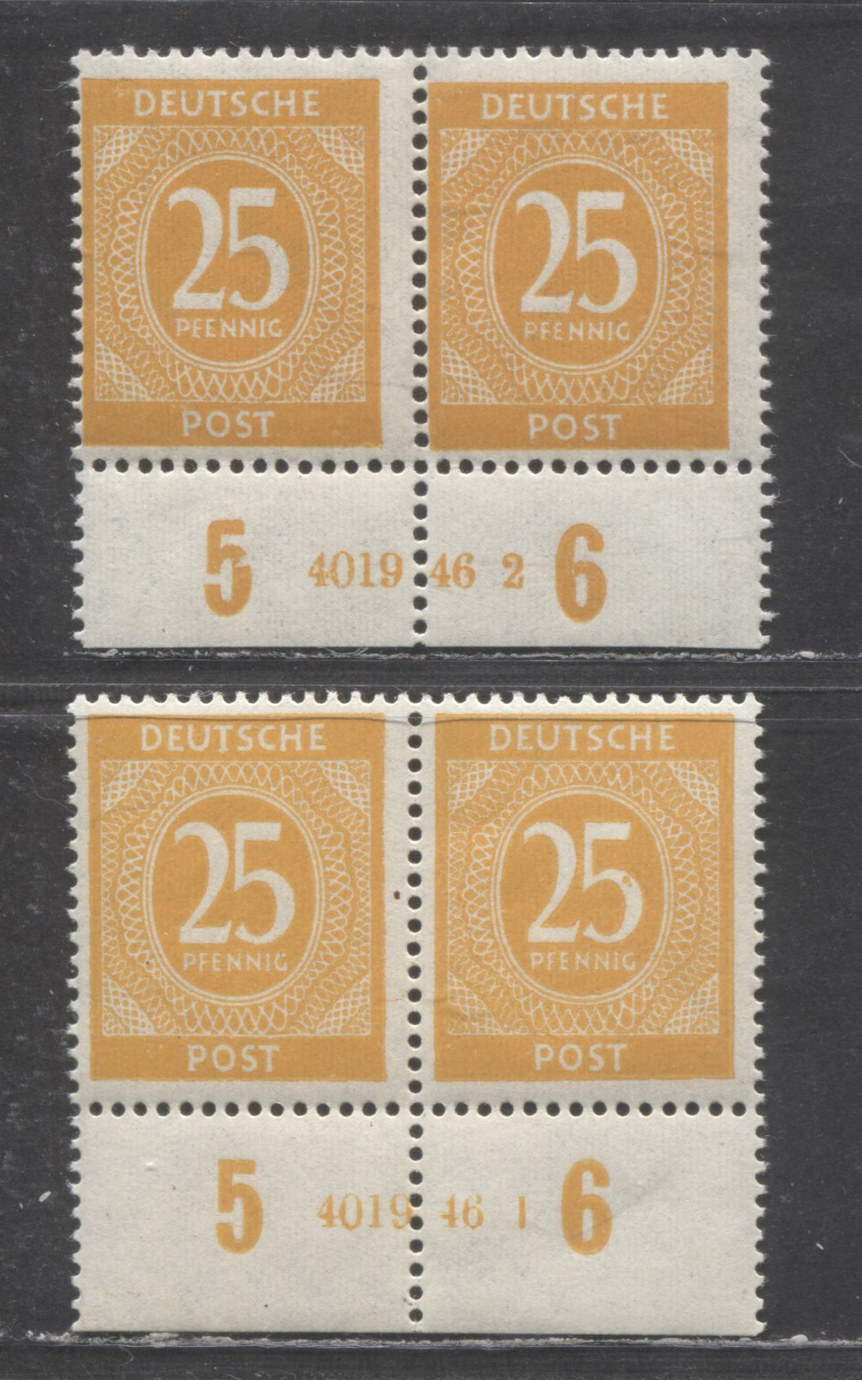 Lot 478 Germany Mi#927HAN (SC# 546) 25pf Yellow Orange & Orange Yellow 1946 Numerals Issue, Plates 4019.46-1 & 4019.46-2, 2 F/VFNH Plate Pairs, Click on Listing to See ALL Pictures, Estimated Value $25