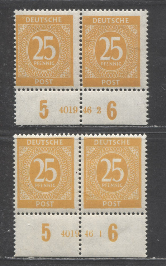 Lot 478 Germany Mi#927HAN (SC# 546) 25pf Yellow Orange & Orange Yellow 1946 Numerals Issue, Plates 4019.46-1 & 4019.46-2, 2 F/VFNH Plate Pairs, Click on Listing to See ALL Pictures, Estimated Value $25