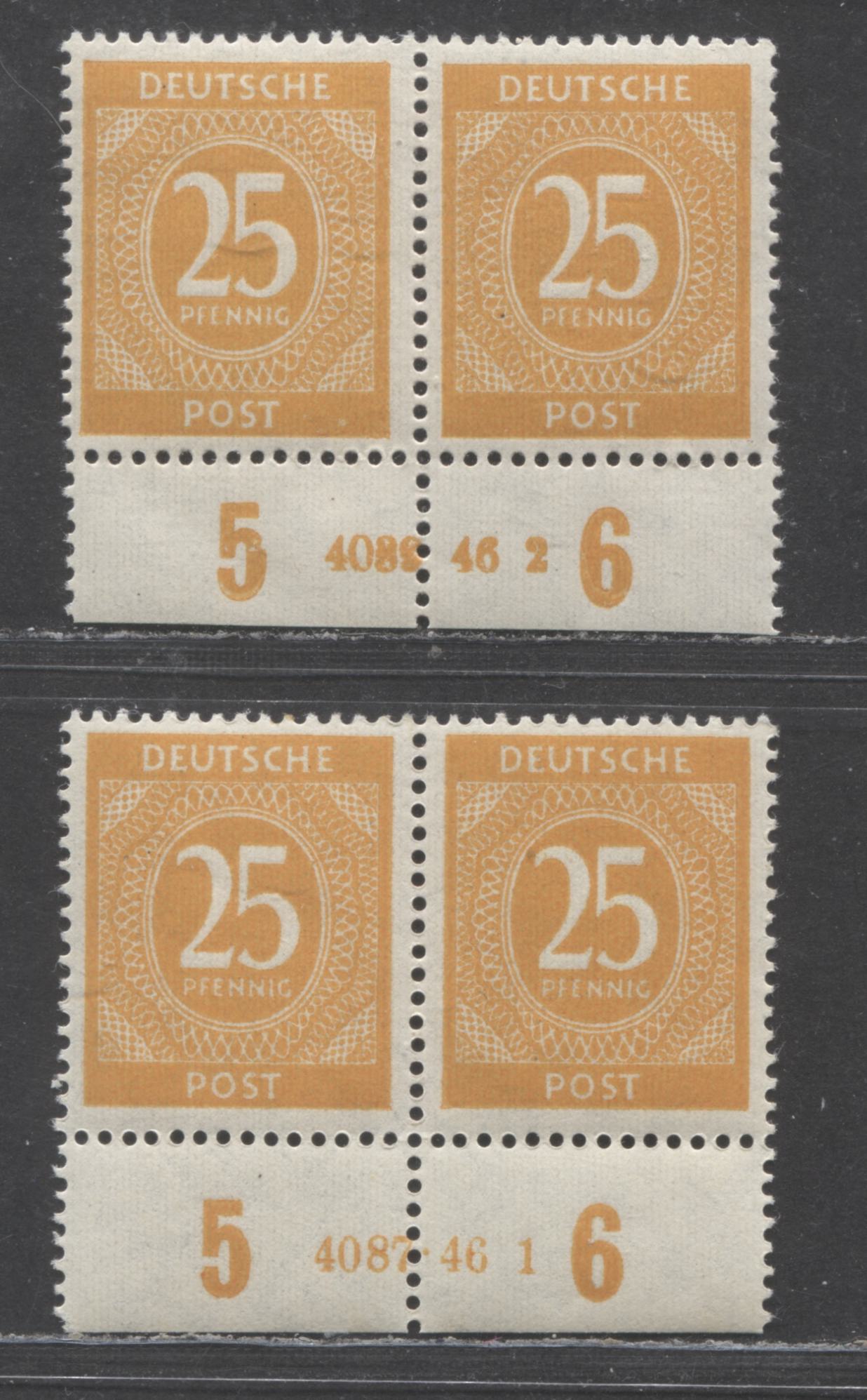 Lot 479 Germany Mi#927HAN (SC# 546) 25pf Orange Yellow 1946 Numerals Issue, Plates 4039.46-2 & 4087.46-1, 2 F/VFNH Plate Pairs, Click on Listing to See ALL Pictures, Estimated Value $50