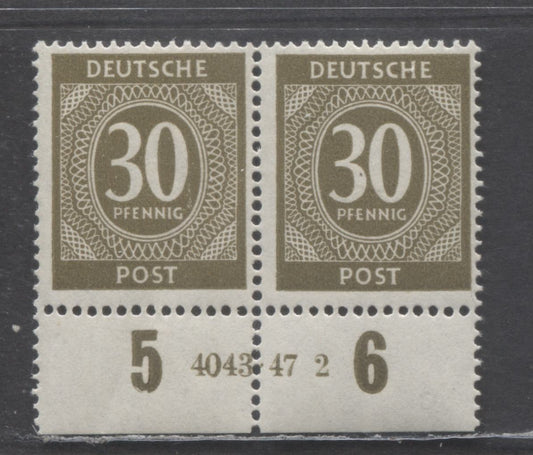 Lot 481 Germany Mi#928cHAN (SC# 547) 30pf Dark Brown Olive 1946 Numerals Issue, Plate 4043.47-2, A FNH Plate Pair, Click on Listing to See ALL Pictures, Estimated Value $120