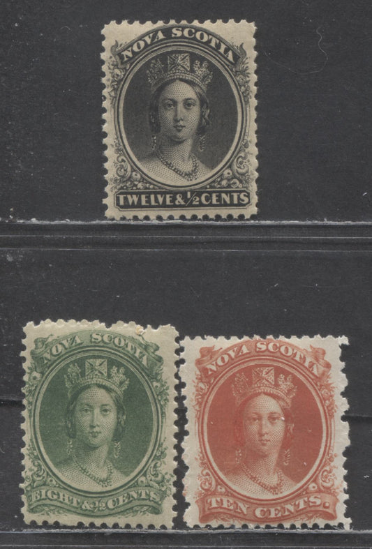 Lot 5 Nova Scotia #11,12,13 8 1/2c Green, 12 1/2c Black On Yellowish Paper, 10c Vermilion On White Paper, 1860-1863 Queen Victoria Issue, 3 VFOG Singles Perfs 11.75, 12 And 12