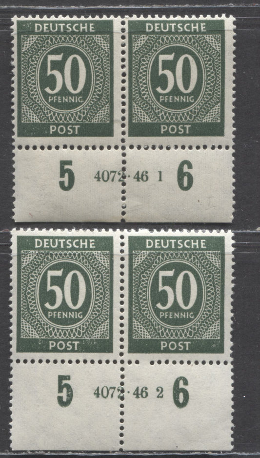 Lot 503 Germany Mi#932HAN (SC# 551) 50pf Deep Gray Green 1946 Numerals Issue, Plates 4072.46-1 & 4072.46-2, 2 FNH Plate Pairs, Click on Listing to See ALL Pictures, Estimated Value $30