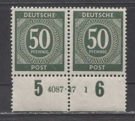 Lot 505 Germany Mi#932HAN (SC# 551) 50pf Deep Gray Green 1946 Numerals Issue, Plate 4087.47-1, A VFNH Plate Pair, Click on Listing to See ALL Pictures, Estimated Value $160