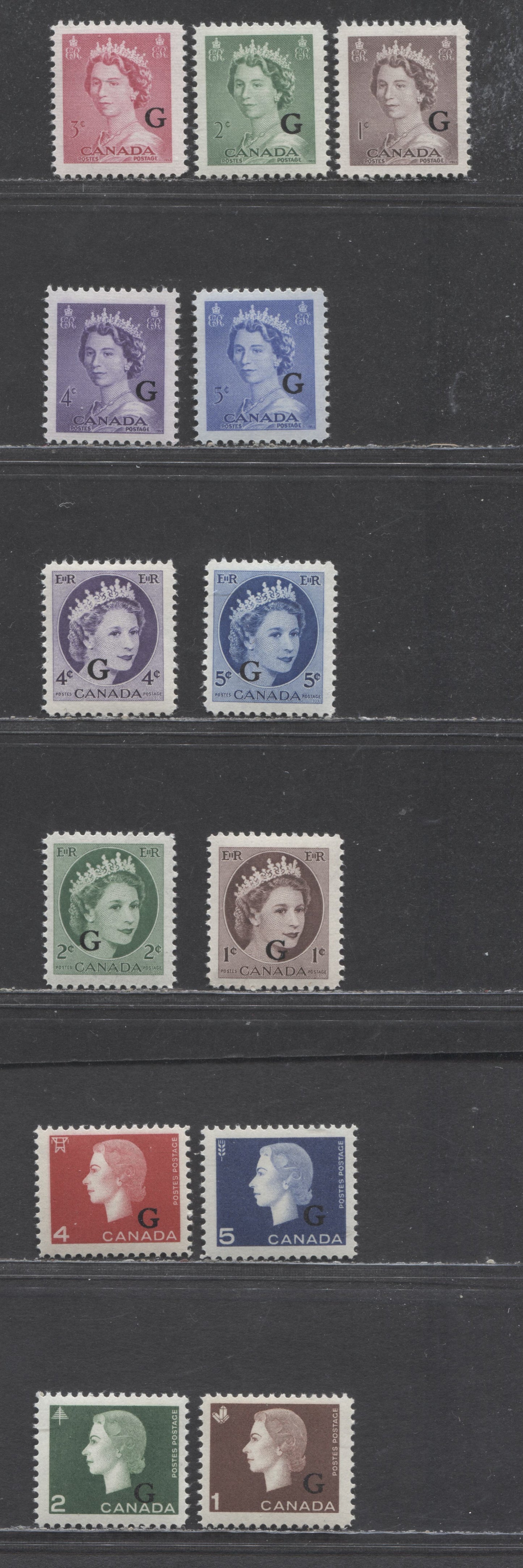 Lot 52 Canada #O33-O37, O40-O44, O46-O49 1c/5c Violet Brown/Violet Blue Queen Elizabeth II, 1953-1963 Karsh, Wilding & Cameo Portrait Issues With G Overprints, 13 F/VFNH Singles Includes O40ii With Misplaced G Overprint