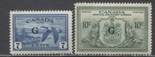 Lot 53 Canada #CO2, EO2 7c & 10c Blue & Green Canada Goose & Flower With Emblem, 1950 Airmail & Special Delivery With G Overprints, 2 FNH Singles On Horizontal Ribbed Paper With Satin Cream Gum & Vertical Wove Paper With Semi Glossy Cream Gum