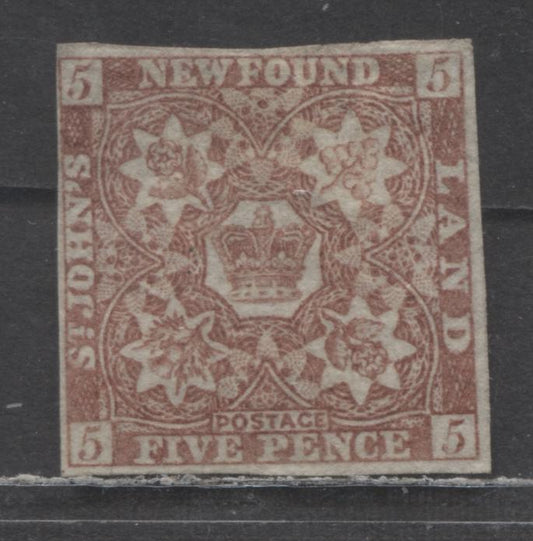 Lot 6 Newfoundland #19 5d Reddish Brown On Crisp Hard Paper, 1861-1862 3rd Issue, A VF Unused Single With 4 Close Margins