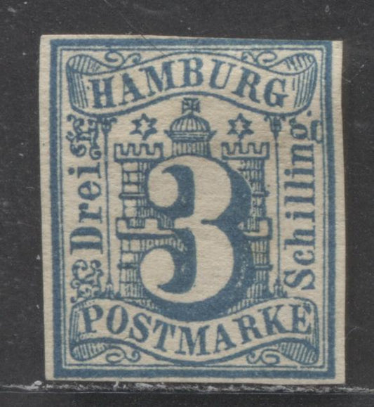 Lot 64 Hamburg-Germany SC#4(Mi#4) 3s Blue 1859 Numerals On Arms Issue, A VGUN Single, Click on Listing to See ALL Pictures, Estimated Value $12 USD