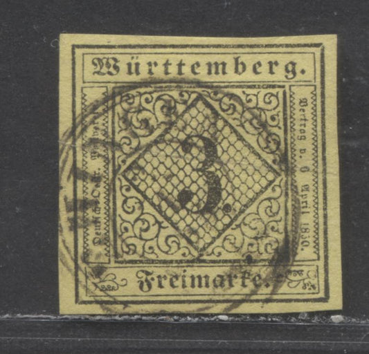 Lot 65 Wurttemberg-Germany SC#2(Mi#2) 1851-1852 Numerals Issue, A Very Fine Used Single, Click on Listing to See ALL Pictures, 2022 Scott Classic Cat. $7.25 USD