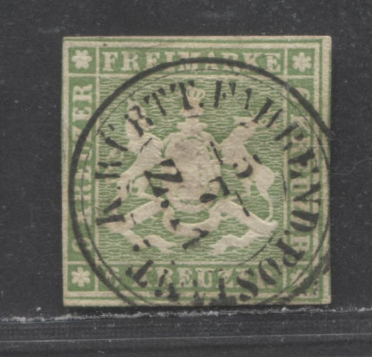 Lot 66 Wurttemberg-Germany SC#10(Mi#8a) 6kr Green 1857 Embossed Arms Issue, With Full Margins On 3 Sides To Just Touching On Left Side, A Fine Used Singles, Click on Listing to See ALL Pictures, Estimated Value $32 USD