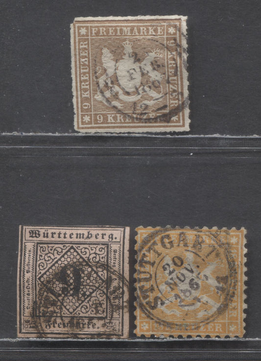 Lot 67 Wurttemberg-Germany SC#5,31,45(Mi#4a,22a,33b) 1851-1868 Numerals & Embossed Arms Issues, 3 Very Good Used Singles, Click on Listing to See ALL Pictures, Estimated Value $51 USD