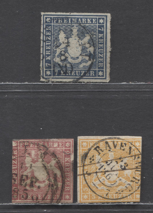 Lot 68 Wurttemberg-Germany SC#11a,15,44(Mi#9b,12a,35a) 9k Deep Lilac Red (Rare Shade), 3kr Yellow Orange & Blue 1857-1868 Embossed Arms Imperf Issue, With And Without Silk Threads & Rouletted, 3 Good Used Singles, Estimated Value $100 USD