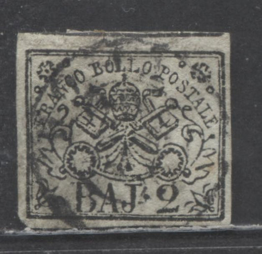 Lot 81 Roman States - Italian States SC#3 2b Black On Greenish White 1852 Papal Arms Issue, With Full Margins, A F/VF Used Single, Click on Listing to See ALL Pictures, Estimated Value $45 USD