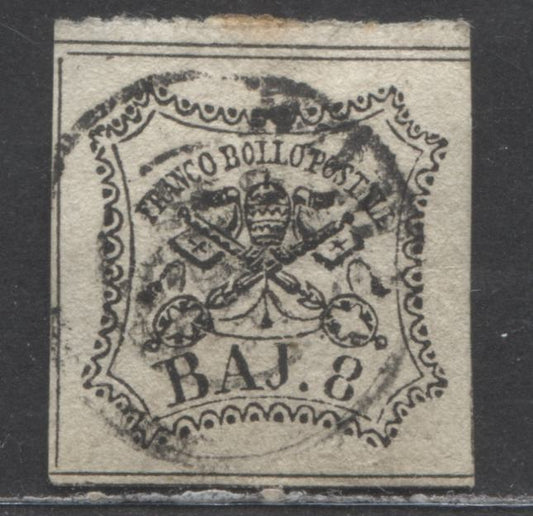Lot 84 Roman States - Italian States SC#9 8b Black 1852 Papal Arms Issue, A Very Fine Used Single, Click on Listing to See ALL Pictures, 2022 Scott Classic Cat. $40 USD