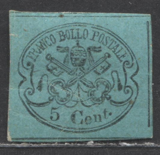 Lot 85 Roman States - Italian States SC#14a 5c Black On Light Blue 1867 Papal Arms- No Period After "5" Issue, A VG Unused Single, Click on Listing to See ALL Pictures, Estimated Value $85 USD