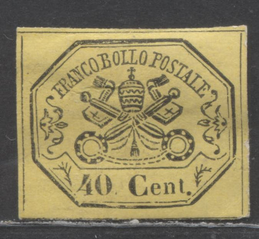 Lot 87 Roman States - Italian States SC#17 40c Black On Yellow 1867 Papal Arms Issue, A VFOG Single, Click on Listing to See ALL Pictures, 2022 Scott Classic Cat. $200 USD